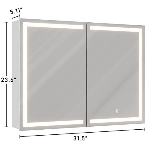 Dictac Lighted Medicine Cabinets With Double Mirror Doors And 2 Outlets 31.5''X23.6''Wall Mounted Bathroom Mirror With Storage And Led Lights Metal Wall Storage Organizer With Adjustable Shelves,White #TOP1