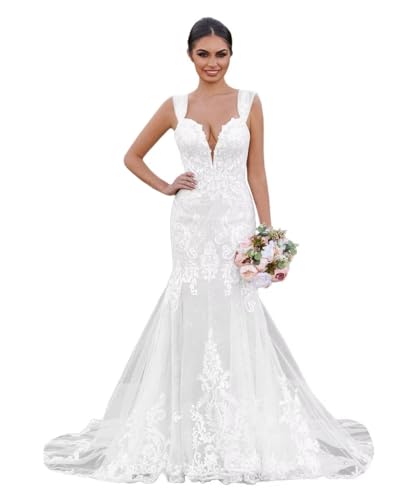 Spaghetti Straps Mermaid Wedding Dresses for Bride Long V Neck Lace Appliques Tulle Bride Gowns