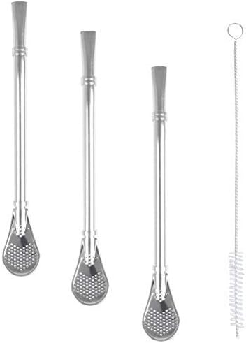 FOCCTS Reusable Bombillas Straws, 3 Packs Yerba Mate Tea Stainless Steel Drinking Straws Spoon Straws, with Cleaning Brush Nice Gift for Your Friends & Family