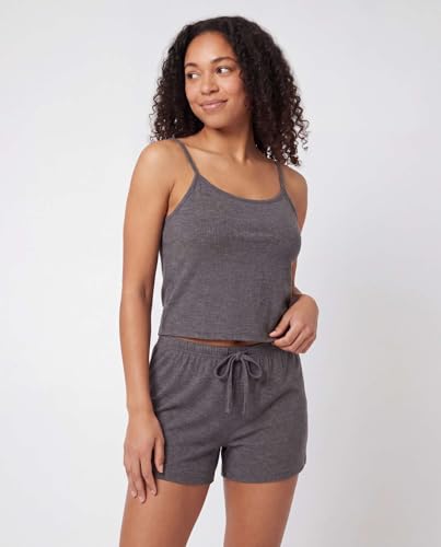 Image of Real Essentials 2 Pack: Women's Ribbed Cropped Cami and Short Set Pajama Sleep Lounge Sleepwear PJ Soft Drawstring Shorts