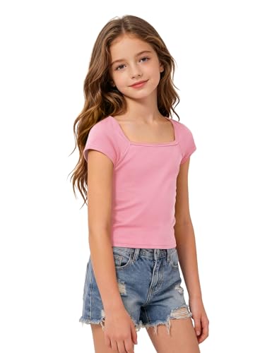 Image of Crop Tops for Girls Short Sleeve Shirt Girls Summer Tops Square Neck Slim Fit Tops Basic Tee
