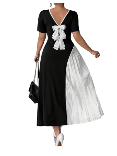 GORGLITTER Women's Plus Size Bow Pleated Maxi Dress Color Block Short Sleeve Summer Prom Formal Cocktail Long Dresses