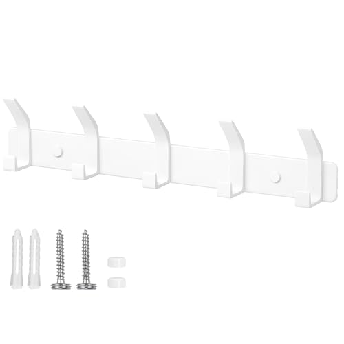 Benxdara Coat Hooks Wall Mounted Coat Rack with 5 Hooks, Rustproof Wall Hanger Clothes Hook Rail for Kitchen Bedroom and Entryway, White