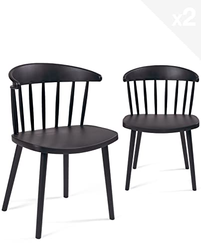 KAYELLES Lot de 2 chaises à barreaux Noires, Style rétro Western - Windsor, Large Assise, Dossier Enveloppant DIA (Noir)
