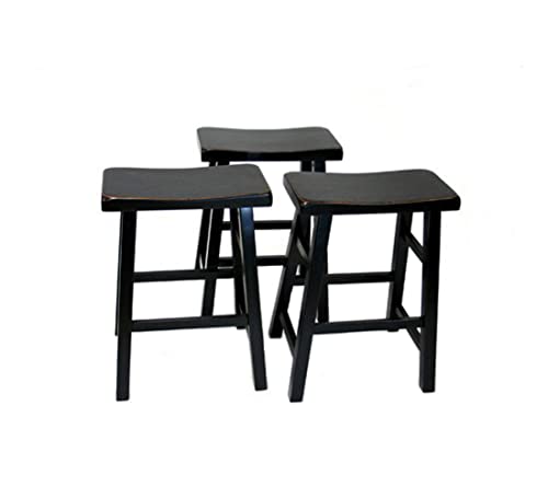 Ehemco 24" Heavy-Duty Solid Wood Saddle Seat Kitchen Counter Height Barstools, Antique Black With Red Edging, Set Of 3 #TOP4