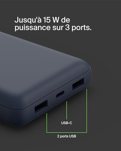 Belkin Batterie externe USB-C 20000mAh (power bank puissance de 20K, entrée et sortie USB-C, 2 ports USB-A, câble USB-C vers USB-A fourni, pour iPhone, Galaxy, Pixel, iPad, AirPods, etc.) - Bleu