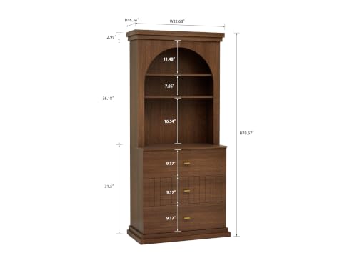 Image of ivaniti 71 inch Arched Kitchen Pantry Cabinet with 3 Drawers, Dark Brown Freestanding Storage Hutch with Open Shelves and Gold Handles for Kitchen, Dining Room