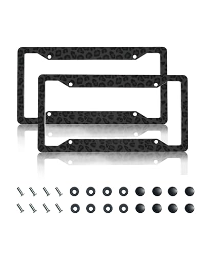 GACCAP License Plate Frame 2 Pack Front Rear Aluminum Metal Rust-Proof Universal Car Tag Frames Holder with 4 Holes Car Decor Accessory with Screws for Men Women - Black Leopard