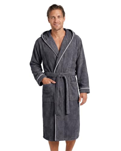 LAYNENBURG Bademantel Herren Frottee - Kapuze - Lang - 100% Baumwolle (360g/m2) - OEKO TEX Standard 100 - Größe (L, Anthrazit)