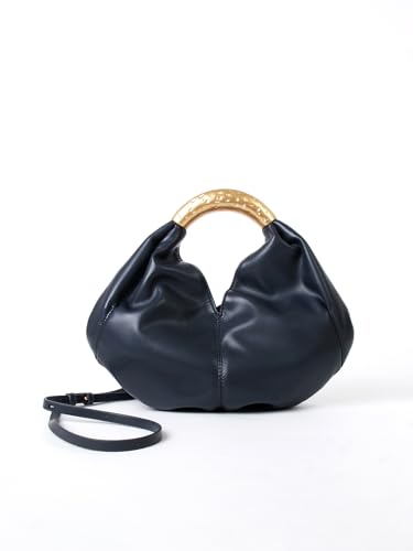 Bolso Tote azul marino de cuero sintético con asa dorada miniatura 3