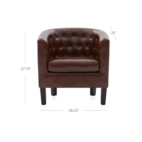 Image of BELLEZE Accent Barrel Arm Chair, Modern Comfy Upholstered Tufted Club Chair with Sturdy Legs and Linen Fabric for Bedroom Living Room - Caramel