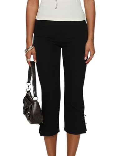 Women Plaid Print Skinny Capri Pants Seven-Quarter Slim Trousers Y2k Cropped Knee Length Micro Lace Trim Leggings