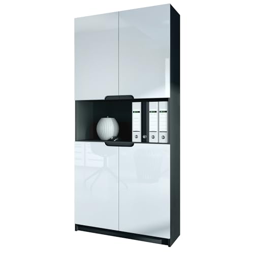 Vladon Büroschrank Logan V2, Made in Germany, Aktenschrank mit 5 Fächern und 4 Türen, Schwarz matt/Weiß Hochglanz (82 x 184 x 37 cm) Vladon Büroschrank Logan V2, Made in Germany, Aktenschrank mit 5 Fächern und 4 Türen, Schwarz matt/Weiß Hochglanz (82 x 184 x 37 cm)