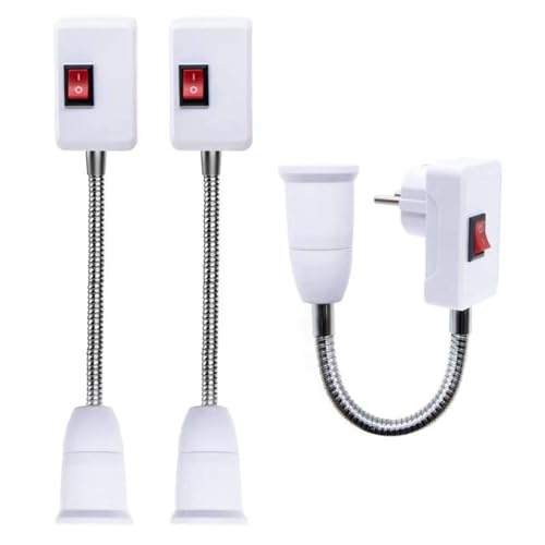 3 Piezas Portalámparas E27 Adaptador con Interruptor, Lampara Enchufe Rotación de 360° Lámpara de Pared con Brazo Flexible Casquillo E27/E26 para Iluminación Interior (Sin Bombillas)