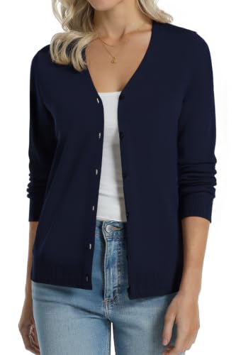 Image of QUALFORT Women's 100% Cotton Lightweight Cardigans Long Sleeve Knitted Button Down Sweater