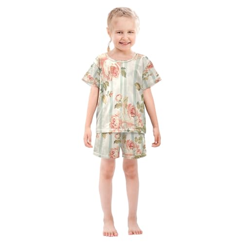 Flowers Striped Background Kids Pjs Set Boys Girls Summer Short-Sleeve Sleepwear Pajamas 2PCS3