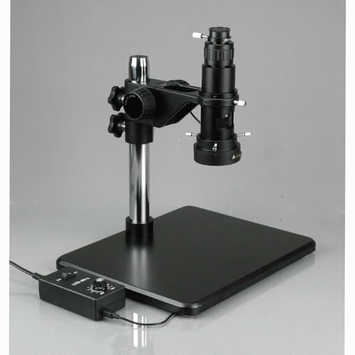 Image of AmScope H800-9M Digital Monocular Inspection Microscope, 0.7X-5.0X Zoom Objective, 11X-80X Magnification, 4-1 /8 inch Working Distance, Pillar Stand, 110V-240V, Includes 9MP Camera with Reduction Lens and Software