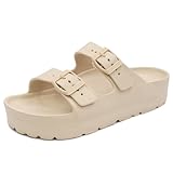 L LOUBIT Women Cloud Slides with Arch Support Pillow Soft Adjustable Buckle Platform Sandals Lightweight Summer Beach Slippers Non-Slip Shower Shoes Khaki 37