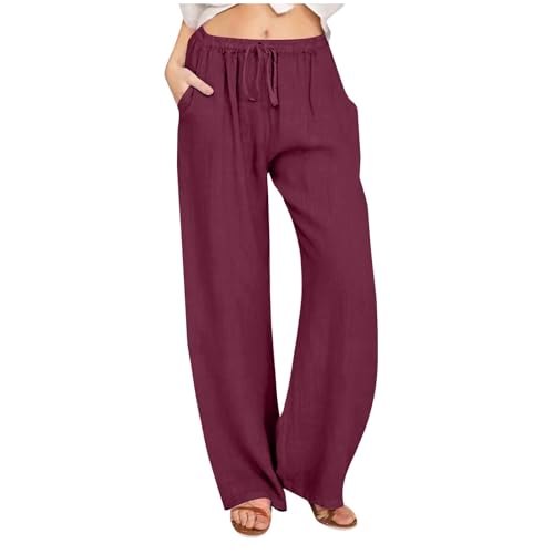 AQAYL Linen Pants Women Summer Wide Leg Pants Casual Palazzo Pants Drawstring Elastic High Waisted Lounge Beach Trousers Hot Pink
