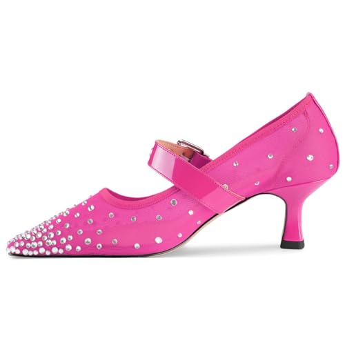 Image of Women's Mesh Closed Pointed Toe Heels Rhinestone Ankle Strap Buckle Kitten Heeled Mary Jane Pumps Dressy Prom Wedding Sandals Shoes 2 inch