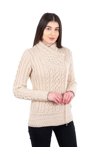 Image of SAOL Irish Cardigan for Women Made of 100% Merino Wool Ireland Sweater Cable Knit Zip Jacket