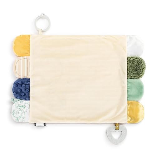 Image of DEMDACO Mommy & Me Neutral Color, 17 x 11.5 Inch Textured Fabric, Teething Ring, Stroller Clip-on, Activity Blanket, Blankie, Tan and White, Pooh Classic Yellow Bear
