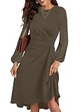 Happy Sailed Midi Dresses for Women Date Night Long Sleeve Empire Ruched Waisted Slim Fit Irregular Hem Flared A-Line High Low Cocktail Party Dress Fashion 2025 Light Brown Large
