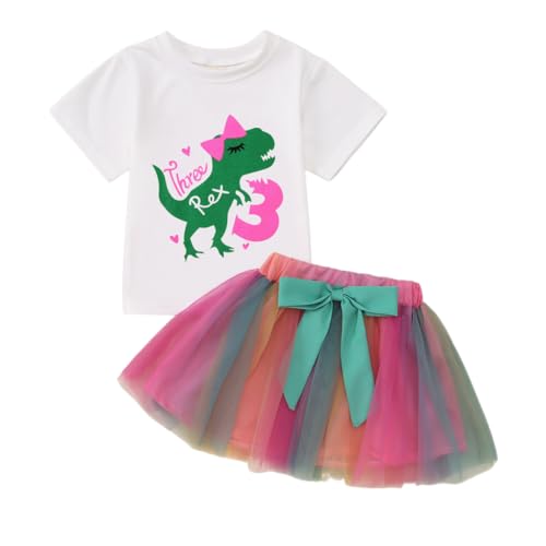 AFUKUIA Toddler Baby Girl Birthday Cake Smash Outfit Short Sleeve Dinosaur Shirt Top Colourful Tutu Skirt Clothes Set(White-3 Years)