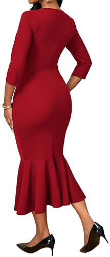 Image of Elegant Dress for Women Sexy V Neck Long Sleeve Bodycon Midi Fishtail Dresses