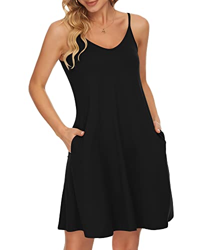 WNEEDU Sommerkleid Damen Spaghetti Strap Kleid Strandkleid mit Taschen Schwarz L