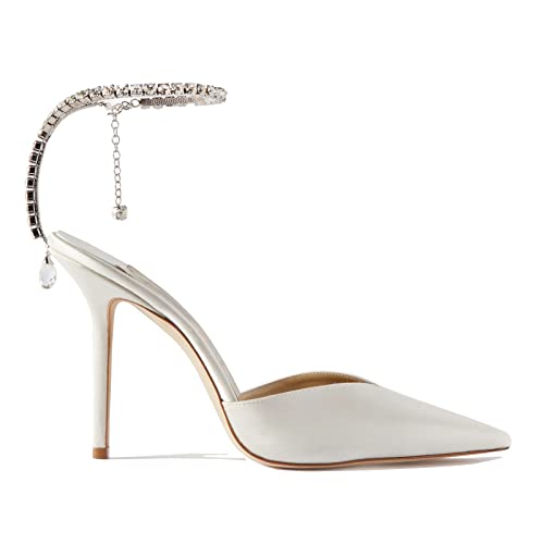 LauraVicci Women's Heeled Sandals Crystal Chain Ankle Straps Rhinestones Buckle High Heels Stiletto Slip On Wedding Party Satin Dress Shoes