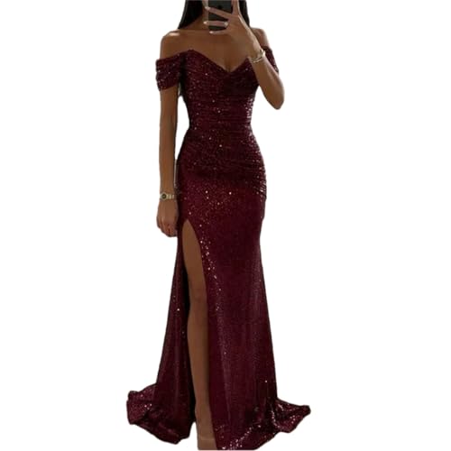 Generic Women Party Banquet Slim Sequin Maxi Dress Sexy Slash Neck Glitter Floor-Length Dress