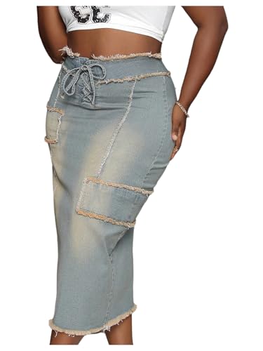 SweatyRocks Women's Plus Size Jean Midi Skirt Denim Raw Trim Lace Up Bodycon Skirts