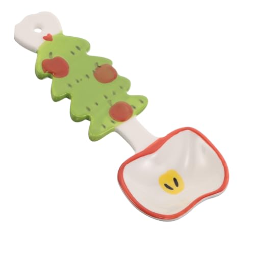 IMIKEYA 高耐久釉下彩クリスマス陶磁器スープスプーン 可愛い長柄調羹 ホームパーティー用食器 アジアンレストラン対応 感謝祭と祝祭テー