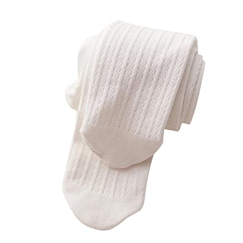 Toddler Girls Cotton Lined Footed Leggings, Cable Knit Warm Tights, Solid Pantyhose Stretch Stocking (White, 6-8 Years)