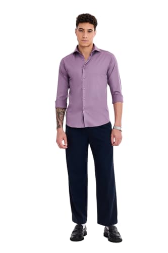 Image of SNITCH Men Formal Shirt | Tailored Slim Fit Full Sleeve Spread Collar Solid Style | Breathable Polyester Viscose Blend Twill Fabric for Office & Evening