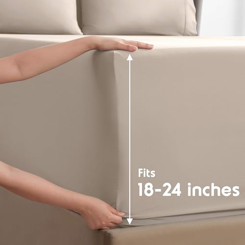 Image of Nestl Extra Deep Full Sheet Set - 6 Piece Breathable & Cooling Sheets - Hotel Luxury Bedding Set w /18-24 Inch Deep Pockets - Easy & Secure Fit - Super Soft, Wrinkle Free & Comfy - Beige Cream