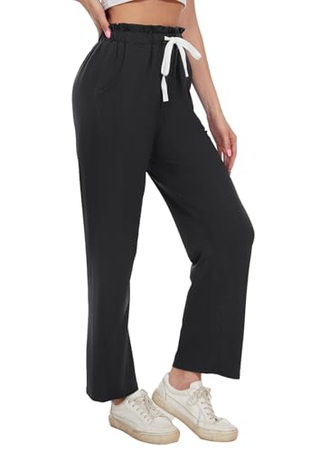 BATHRINS Women's Drawstring High Waisted Straight Long Trousers Pants with Pockets3