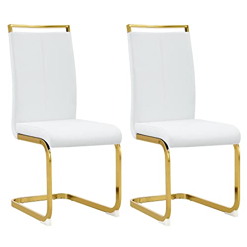 Image of Baysitone Modern Dining Chairs Set of 2, Side Dining Room Chairs with Golden Legs, Kitchen Chairs with Faux Leather Padded Seat High Back for Dining Room, Kitchen, Living Room White