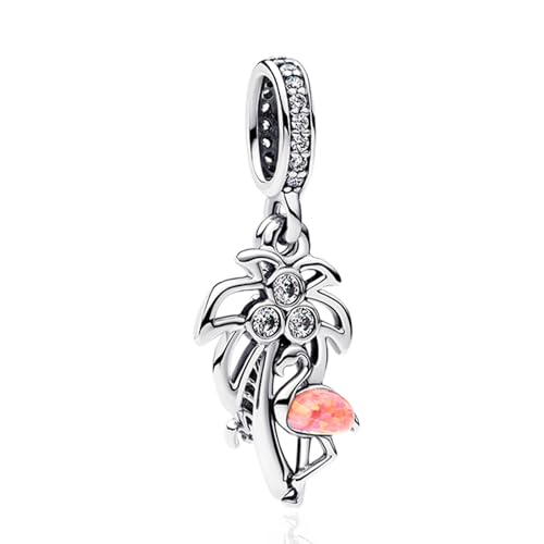 Annmors 925 Sterling Silver Flamingo & Palm Tree Coral Colored Dangle Charm