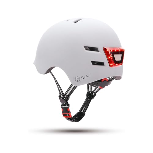 Youin Casco Homologado con LED Frontal y Trasero - Color Blanco - Talla M (52-58cm)- Protección y Visibilidad para Patinetes y Bicicletas - Ventilación Ajustable - Diseño Ligero y Ergonómico