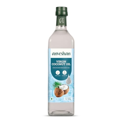Image of Anveshan Cold Pressed Virgin Coconut Oil 1L | Glass Bottle | Unrefined Cold Pressed Virgin Coconut Oil, Naturally Cholesterol Free, Kolhu /Kacchi Ghani /Mara Chekku /Ganuga, Rich Aroma & Flavour of Real Coconuts