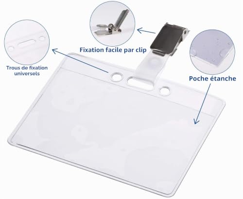 Porte-badges Horizontal 90 x 60 mm, Pince Combinée Clip et Épingle – vue 5