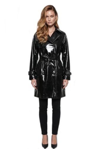 Image of Charcoal Fashion Women's Casual Water Resistant Shiny Vinyl Classic Trench Coat Mac with Belt-Black-M