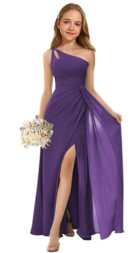 Oittuye One Shoulder Chiffon Girls Formal Dress Ruched Junior Bridesmaid Gown Flower Girl Slit Maxi Dress with Slit, Purple, Size 18
