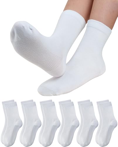 HONGTEYA 6 Pairs Kids Crew Socks School Uniform Dress Socks for Boys Girls Seamless Toe Crew Black White Navy 4-10 Years