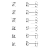 18K White Gold Plated 3.0 mm Princess Cut Clear Cubic Zirconia Stud Earrings Set for Women Men Pack of 6 Pairs