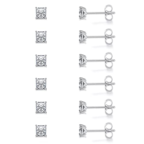 Stud Earring Set for Women Men 18K Yellow/White Gold Plated Princess Cut 4 Prong Graduated Square Clear Cubic Zirconia Pakc of 6 Pairs 3-7mm