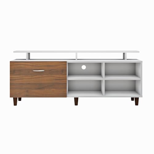 Image of VIKI Modern TV Unit for Living Room | Engineered Wood TV Cabinet with 1 Drawer Storage, 2 Open Shelves & Extension, Entertainment Unit, 140W x 48H x 40D cm | DIY | 1 Year Warranty (White & Walnut)