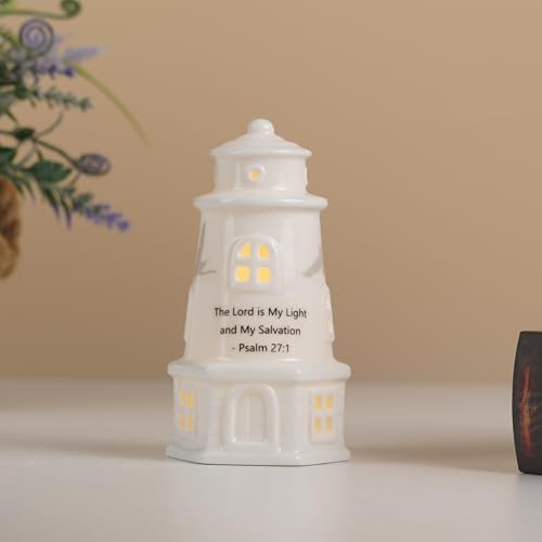 ROSYCOUD White Ceramic Lighthouse with Bible Verses - Psalm 27:1 Christian Light House Decor Statue Lamp, Faith Based Baptism Encouragement Spiritual Religious Gifts for Women
